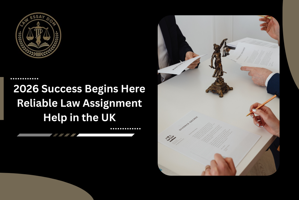 UK law assignment help 2026 with legal documents and justice scale.